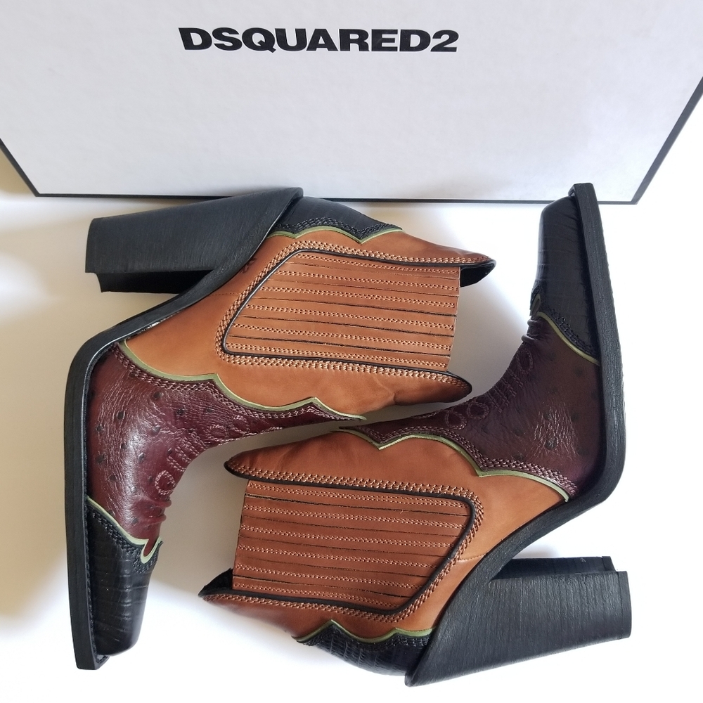 Dsquared2 Embroidered Pointed Toe Western Leather Boots Size 38 Brown Bl… - Picture 8 of 11